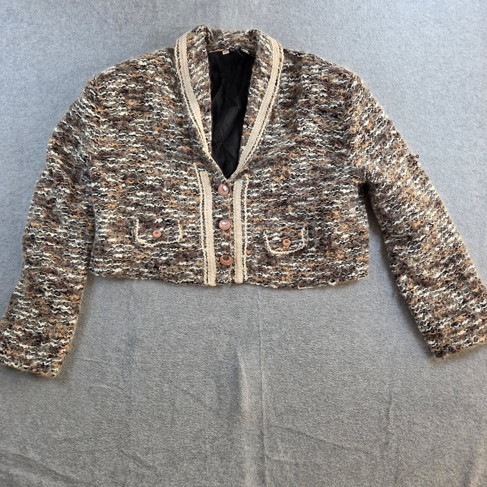 Vintage Cropped Bouclé Jacket Women Size 46 Brown Tan Tweed Ric-Rac Trim - Picture 2 of 8